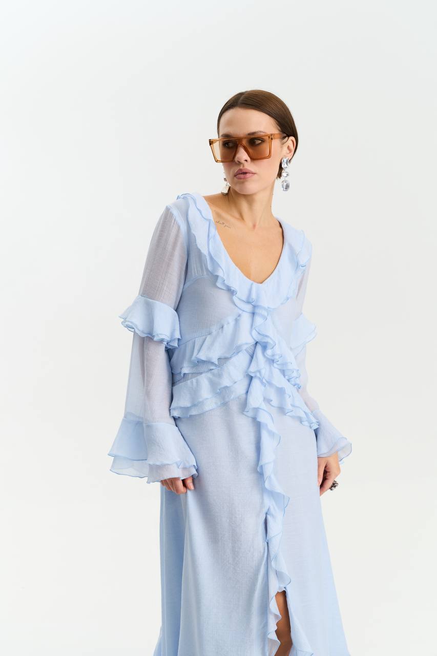 Long-Sleeve Chiffon Dress, Light Blue — lifestyle — SHEVCHENKO