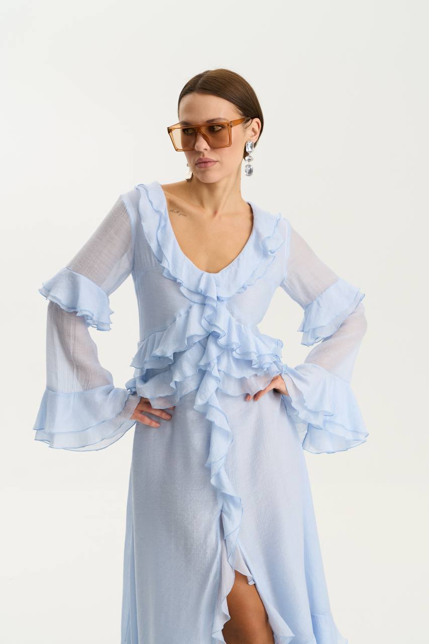 Long-Sleeve Chiffon Dress, Light Blue — lifestyle — SHEVCHENKO