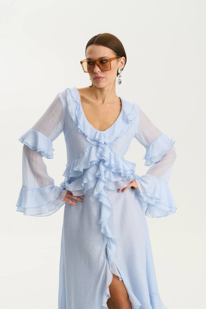 Long-Sleeve Chiffon Dress, Light Blue — lifestyle — SHEVCHENKO