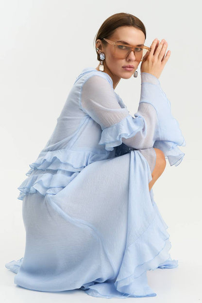 Long-Sleeve Chiffon Dress, Light Blue — side — SHEVCHENKO