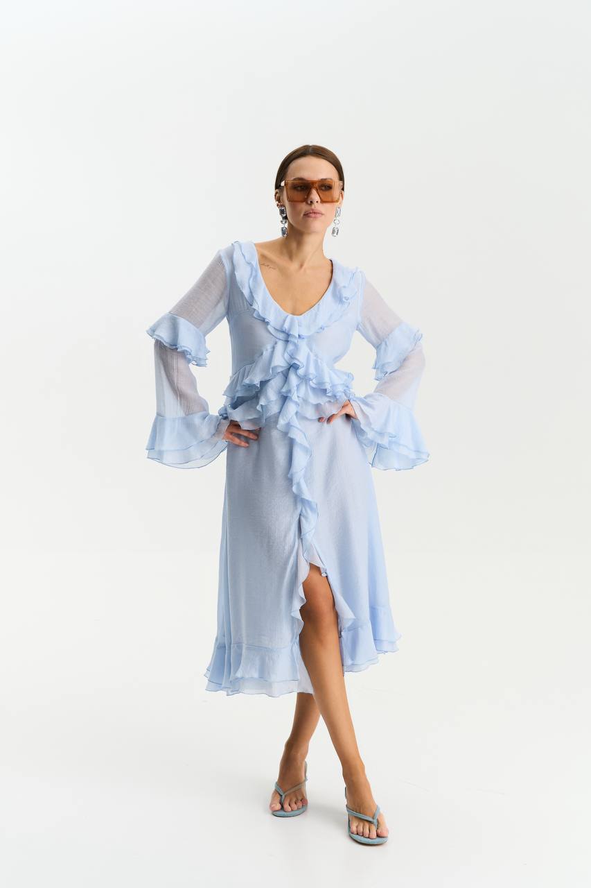 Long-Sleeve Chiffon Dress, Light Blue — detail — SHEVCHENKO