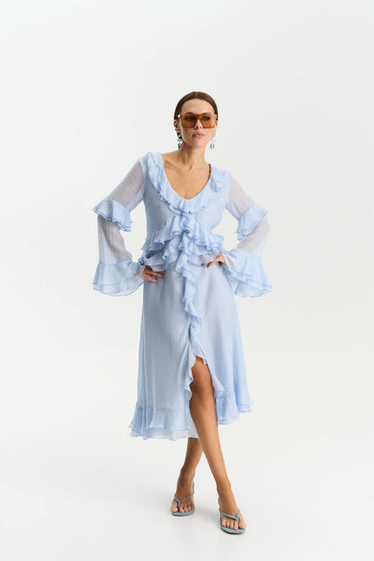Long-Sleeve Chiffon Dress, Light Blue — detail — SHEVCHENKO