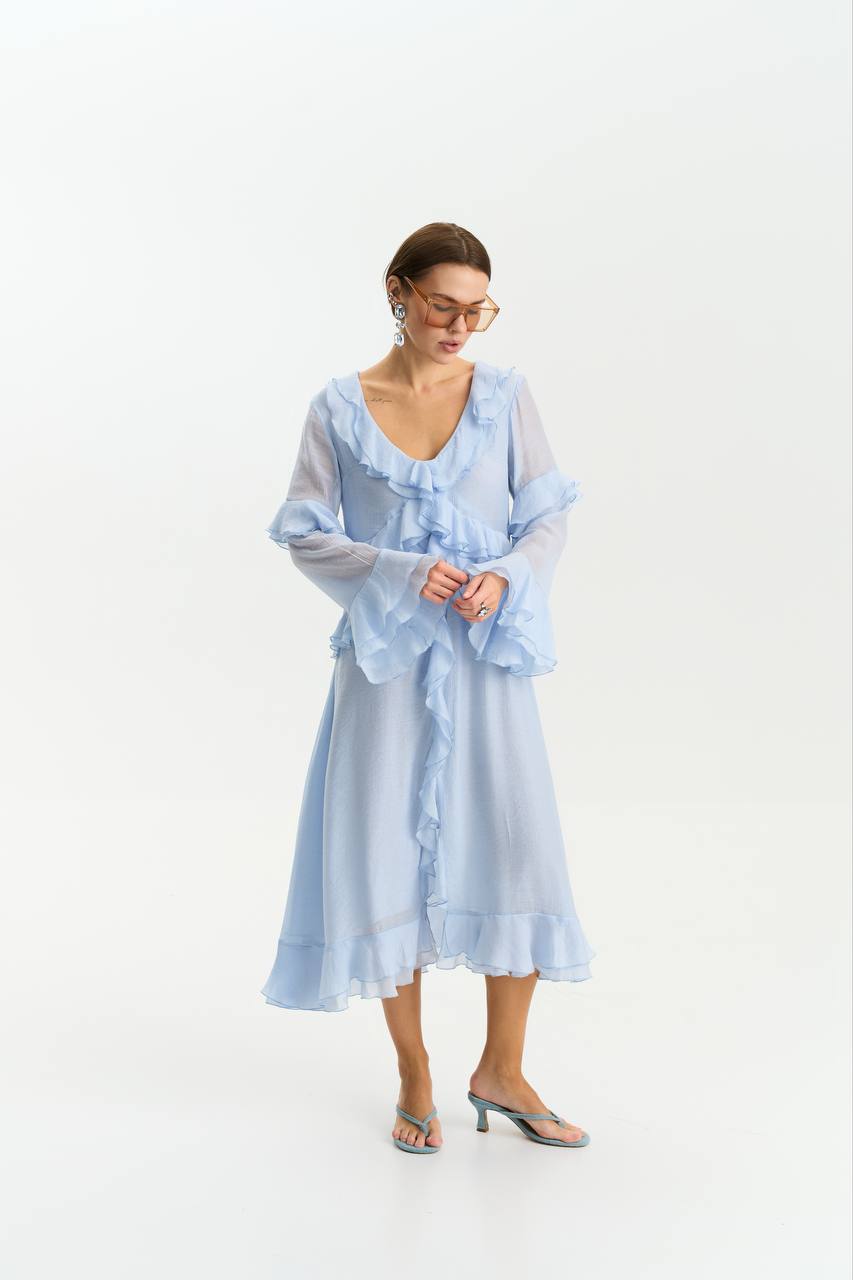 Long-Sleeve Chiffon Dress, Light Blue — look — SHEVCHENKO