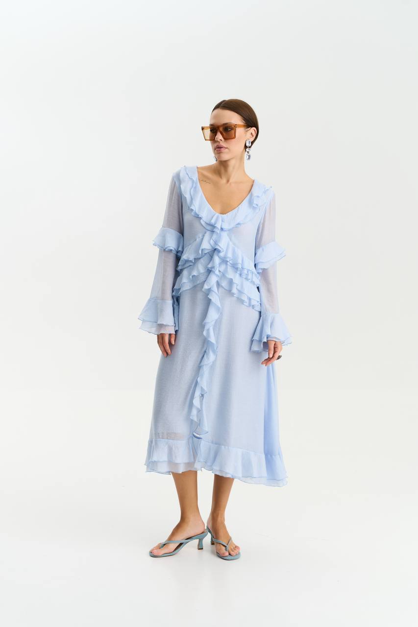 Long-Sleeve Chiffon Dress, Light Blue — lifestyle — SHEVCHENKO