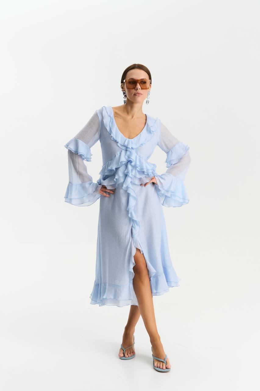Long-Sleeve Chiffon Dress, Light Blue — lifestyle — SHEVCHENKO