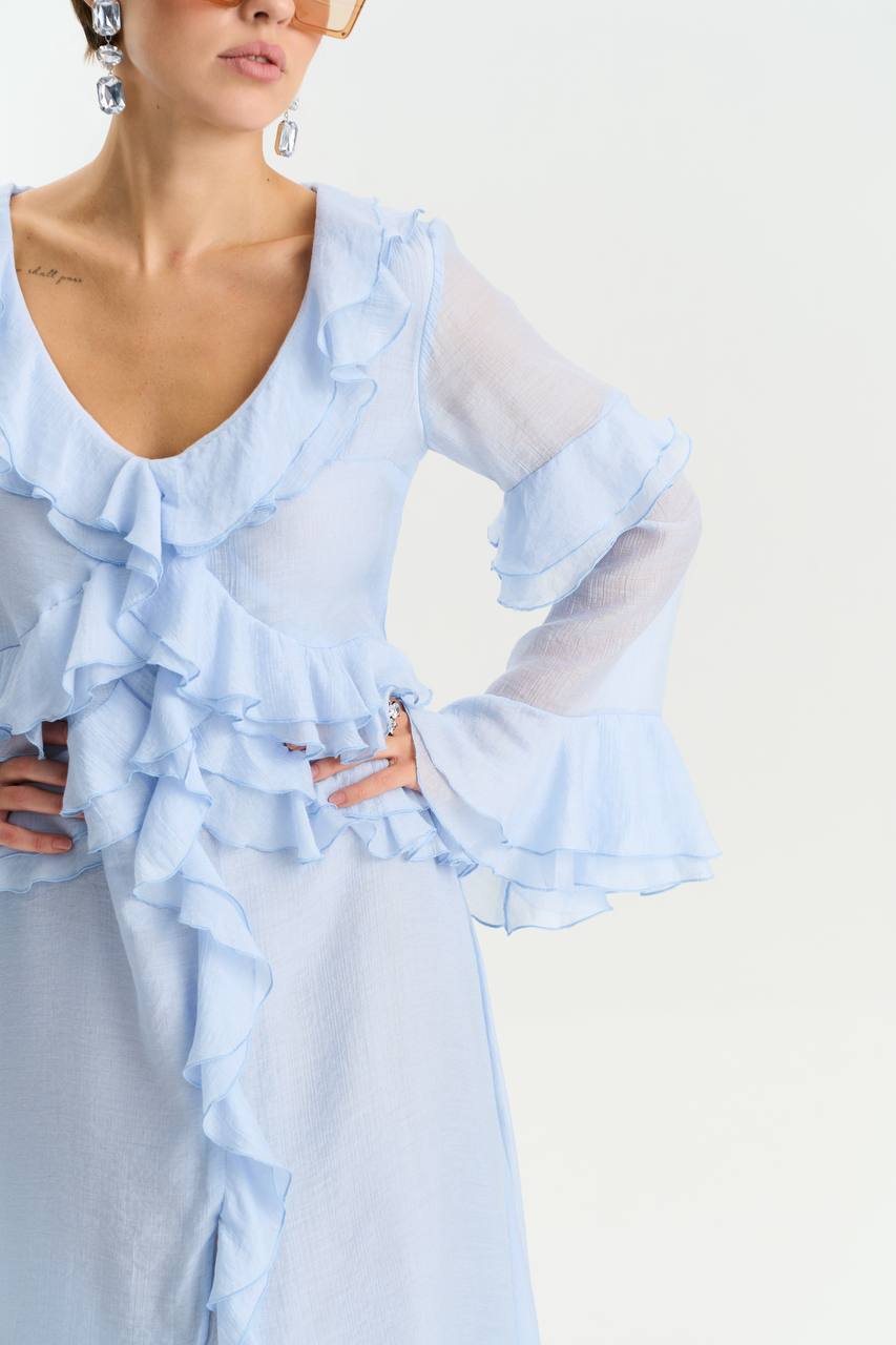Long-Sleeve Chiffon Dress, Light Blue — lifestyle — SHEVCHENKO