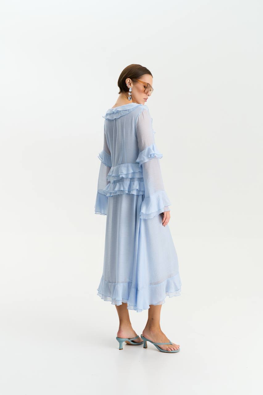 Long-Sleeve Chiffon Dress, Light Blue — lifestyle — SHEVCHENKO