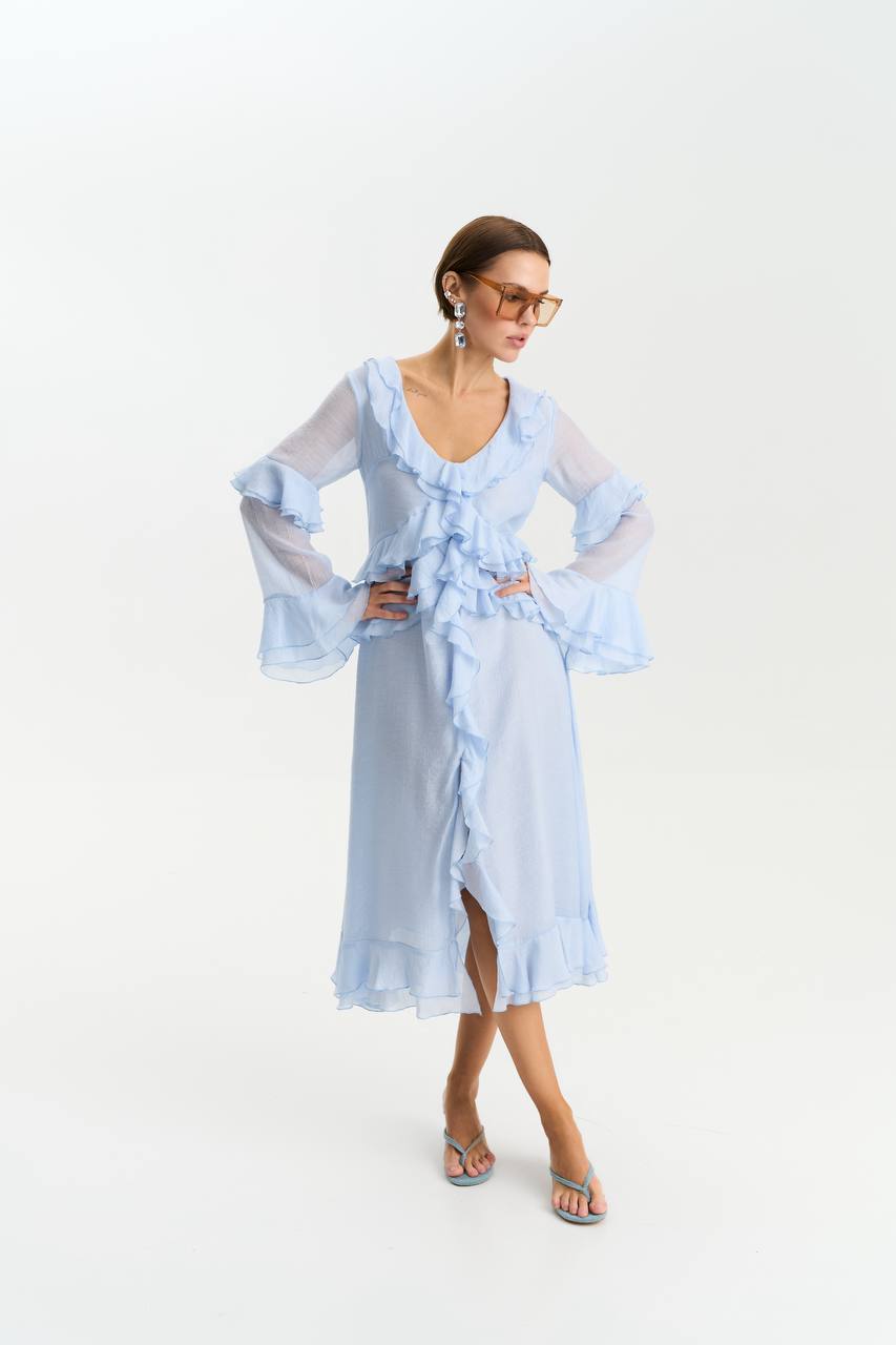Long-Sleeve Chiffon Dress, Light Blue — lifestyle — SHEVCHENKO
