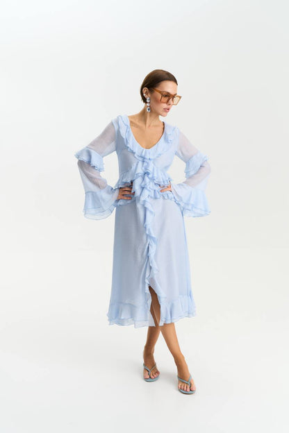 Long-Sleeve Chiffon Dress, Light Blue — lifestyle — SHEVCHENKO