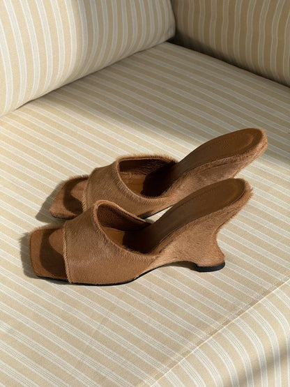 Open-Toe Platform Mules, Genuine Pony Leather, Caramel — front — SHEVCHENKO