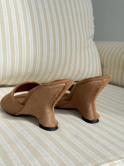 Open-Toe Platform Mules, Genuine Pony Leather, Caramel — lifestyle — SHEVCHENKO