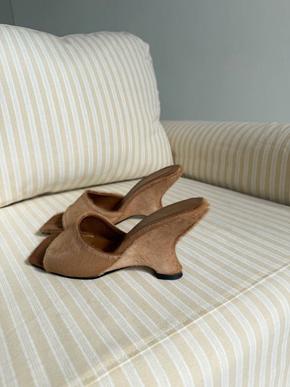 Open-Toe Platform Mules, Genuine Pony Leather, Caramel — lifestyle — SHEVCHENKO