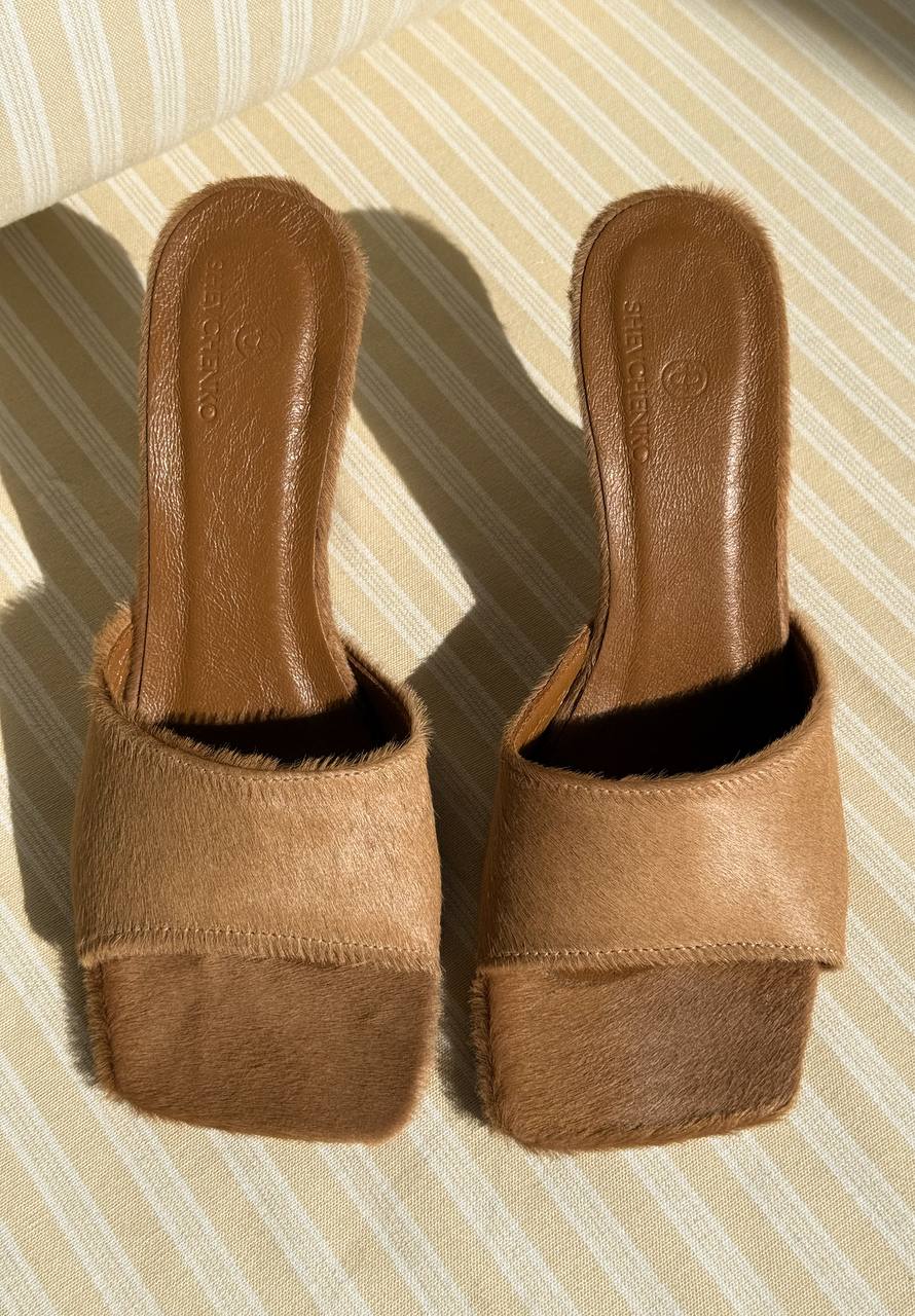 Open-Toe Platform Mules, Genuine Pony Leather, Caramel — side — SHEVCHENKO