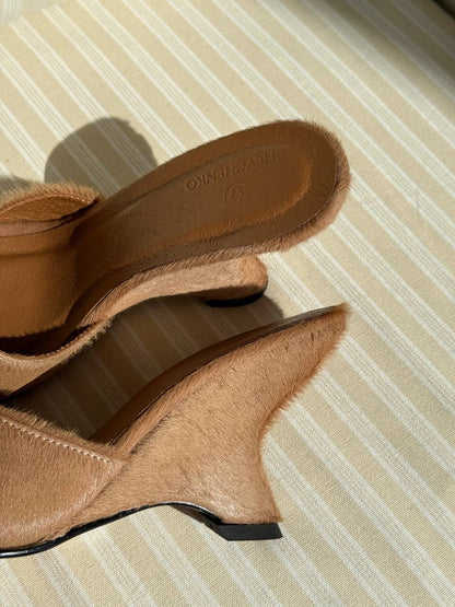 Open-Toe Platform Mules, Genuine Pony Leather, Caramel — detail — SHEVCHENKO