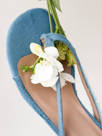 Open-Toe Mules on a Small Heel, Genuine Pony Leather, Blue — front — SHEVCHENKO
