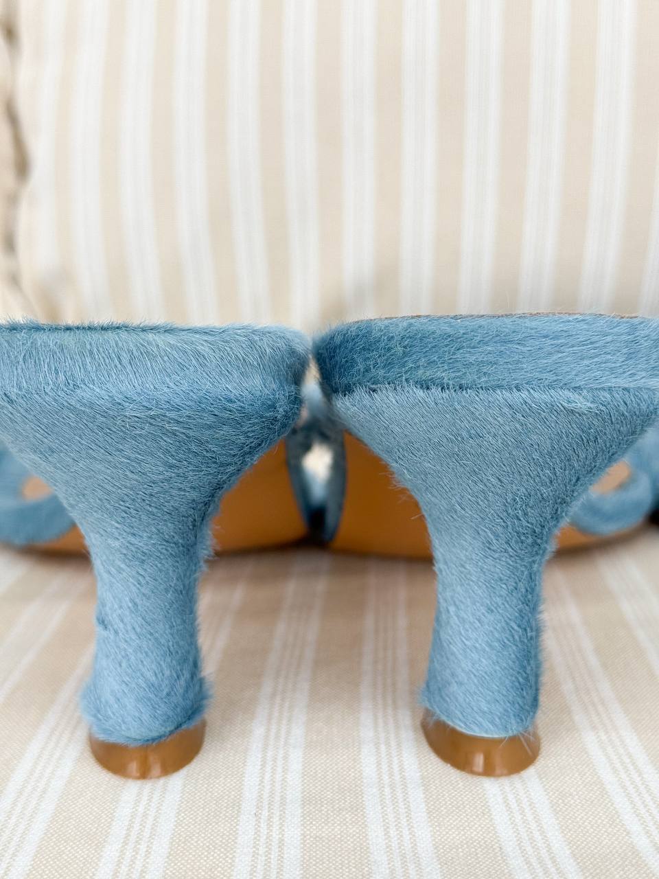 Open-Toe Mules on a Small Heel, Genuine Pony Leather, Blue — side — SHEVCHENKO