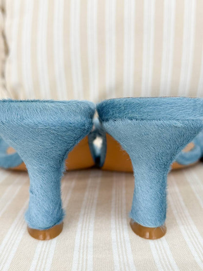 Open-Toe Mules on a Small Heel, Genuine Pony Leather, Blue — side — SHEVCHENKO