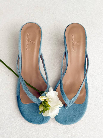 Open-Toe Mules on a Small Heel, Genuine Pony Leather, Blue — lifestyle — SHEVCHENKO