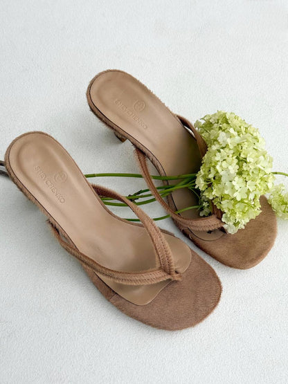 Open-Toe Mules on a Small Heel, Genuine Pony Leather, Caramel — side — SHEVCHENKO