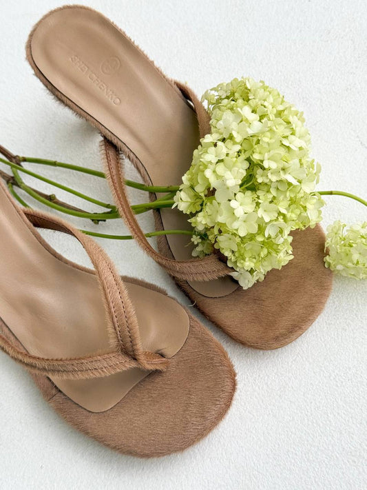Open-Toe Mules on a Small Heel, Genuine Pony Leather, Caramel — front — SHEVCHENKO