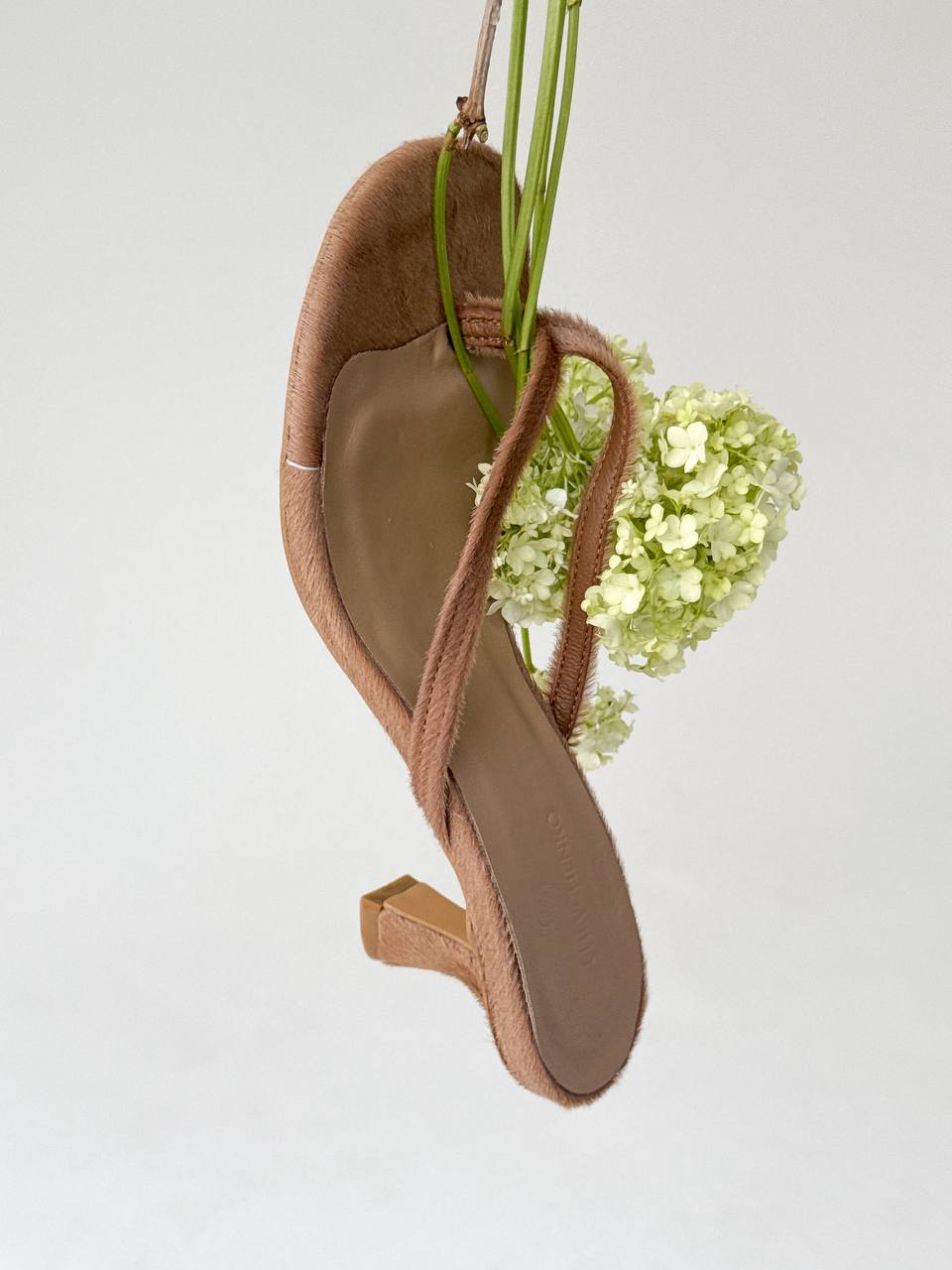 Open-Toe Mules on a Small Heel, Genuine Pony Leather, Caramel — detail — SHEVCHENKO
