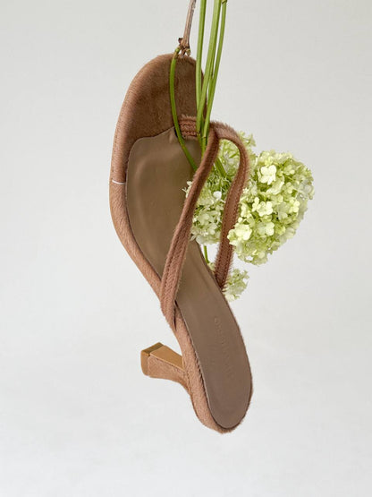 Open-Toe Mules on a Small Heel, Genuine Pony Leather, Caramel — detail — SHEVCHENKO