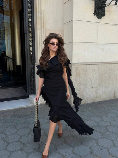 Asymmetric One-Shoulder Chiffon Dress, Black — side — SHEVCHENKO