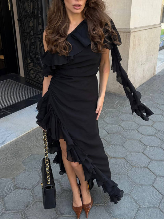 Asymmetric One-Shoulder Chiffon Dress, Black — front — SHEVCHENKO
