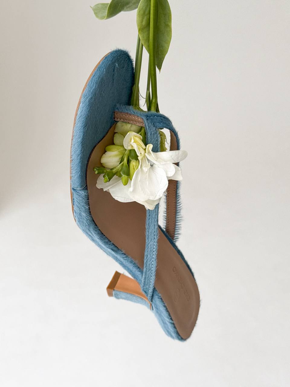 Open-Toe Mules on a Small Heel, Genuine Pony Leather, Blue — lifestyle — SHEVCHENKO