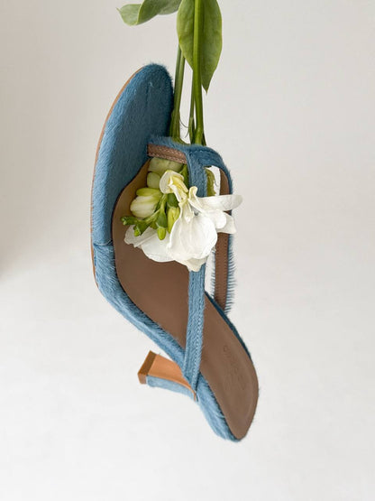 Open-Toe Mules on a Small Heel, Genuine Pony Leather, Blue — lifestyle — SHEVCHENKO