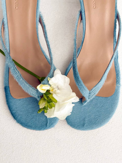 Open-Toe Mules on a Small Heel, Genuine Pony Leather, Blue — look — SHEVCHENKO