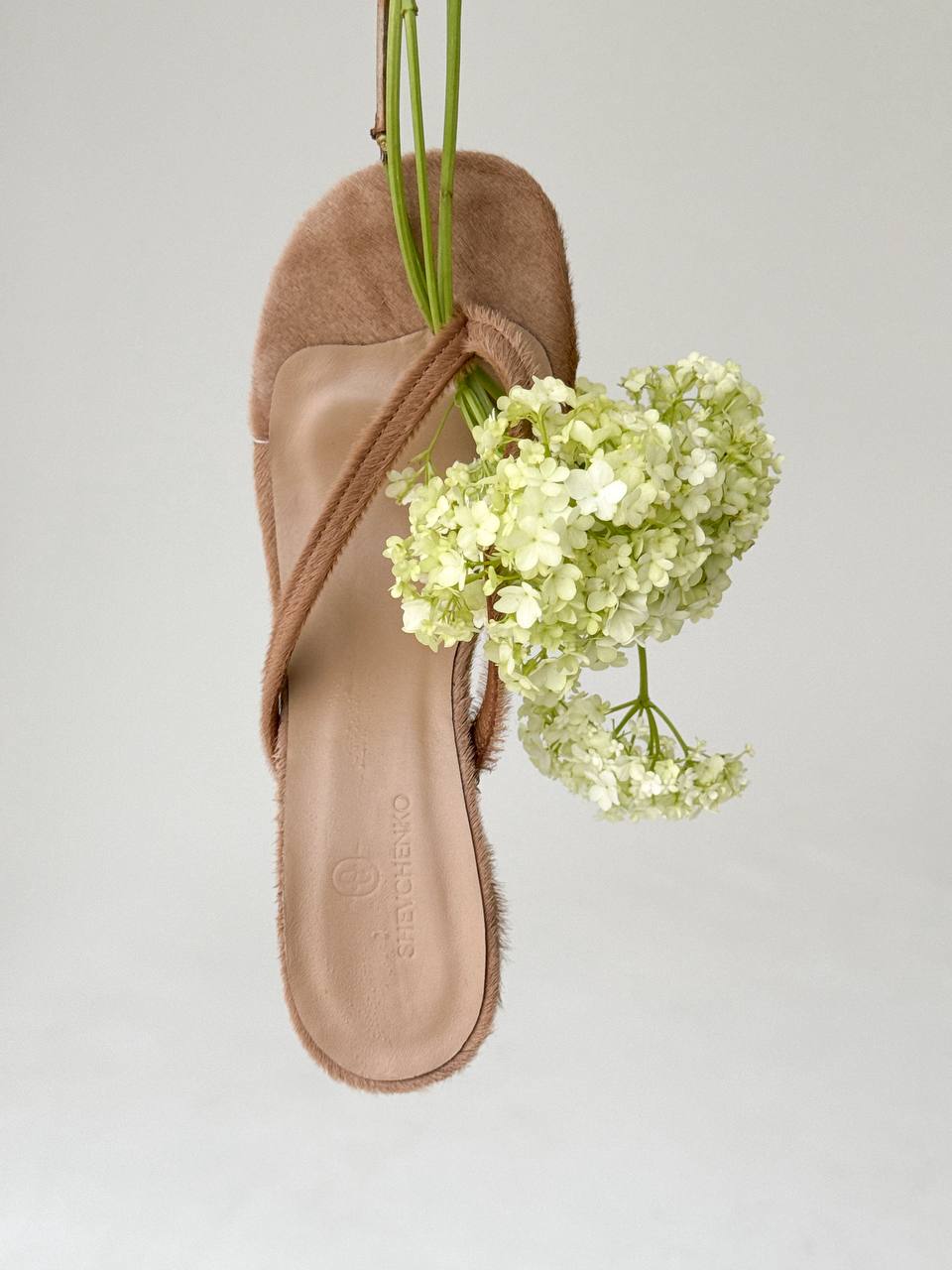 Open-Toe Mules on a Small Heel, Genuine Pony Leather, Caramel — look — SHEVCHENKO