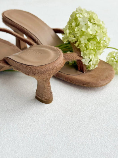 Open-Toe Mules on a Small Heel, Genuine Pony Leather, Caramel — lifestyle — SHEVCHENKO