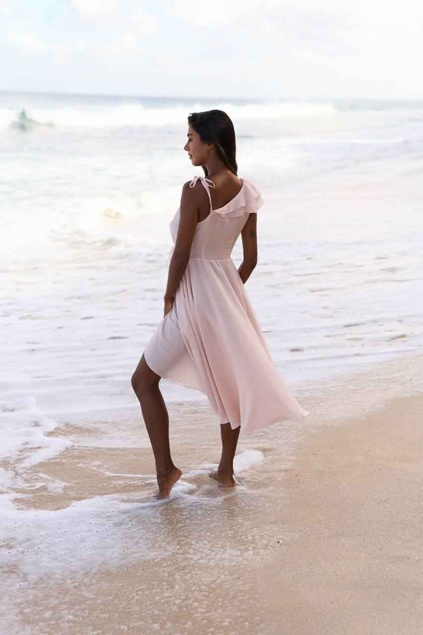 One-Shoulder Chiffon Midi Dress, Pearl — side — SHEVCHENKO