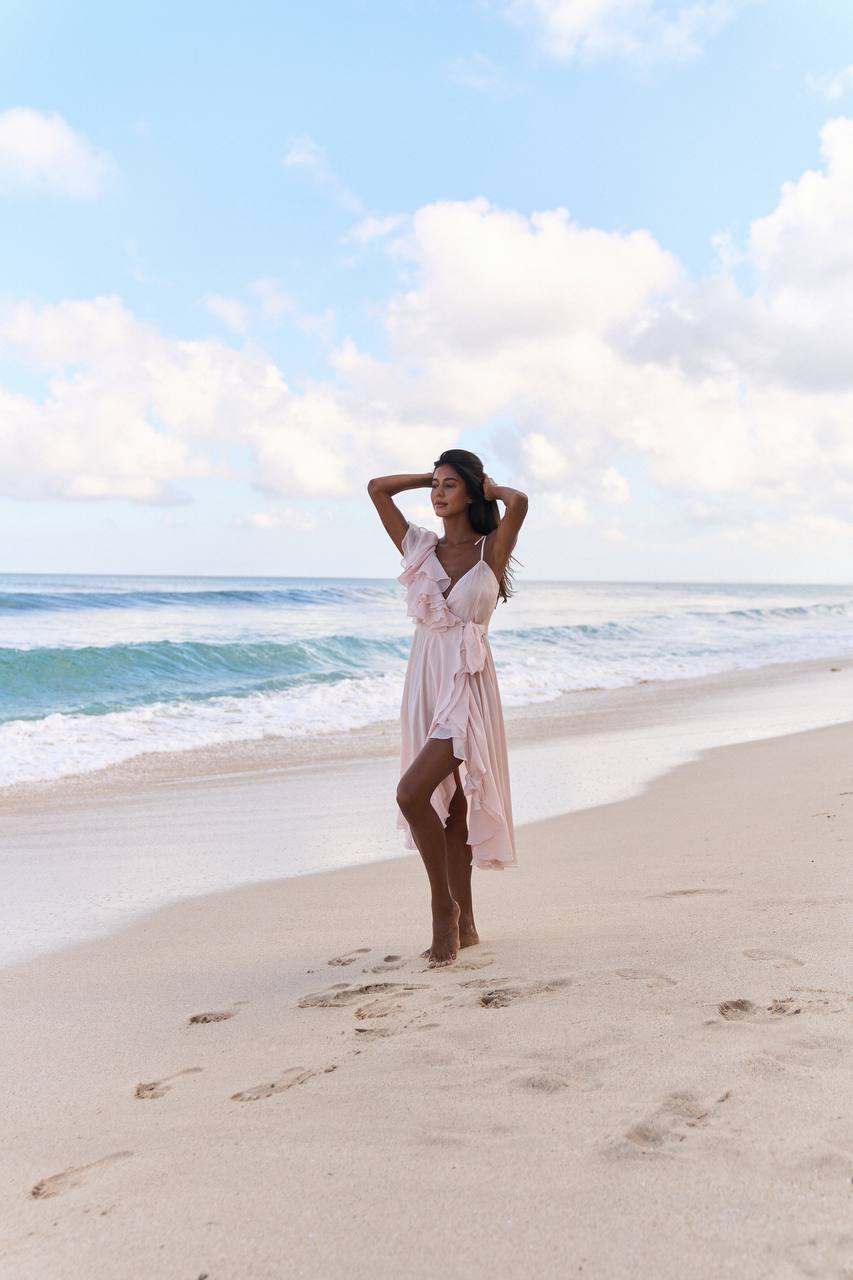 One-Shoulder Chiffon Midi Dress, Pearl — look — SHEVCHENKO