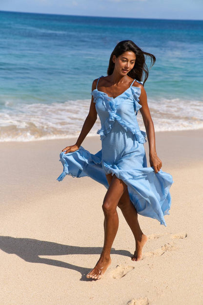 Chiffon Dress with Ruffles and Flounces, Light Blue — lifestyle — SHEVCHENKO