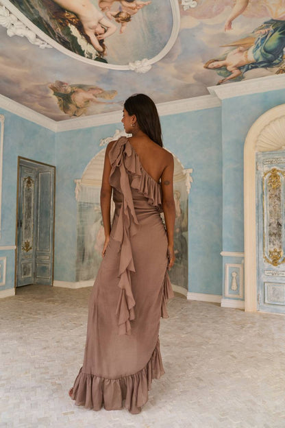 Asymmetric One-Shoulder Chiffon Dress, Caramel