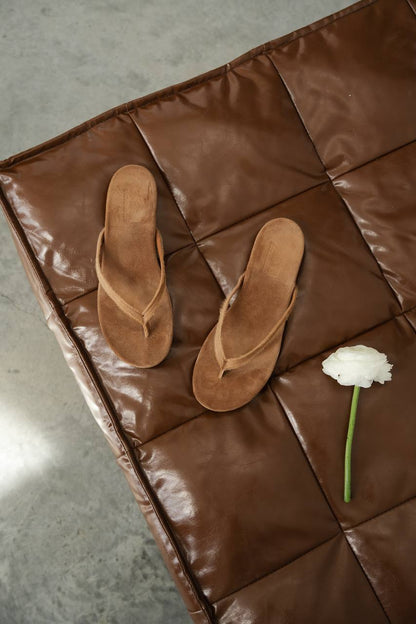 Pony-Effect Genuine Leather Flip-Flops, Caramel — front — SHEVCHENKO