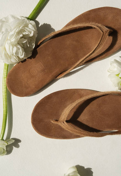 Pony-Effect Genuine Leather Flip-Flops, Caramel — front — SHEVCHENKO