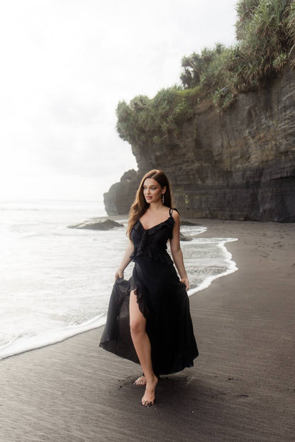 Chiffon Dress with Ruches and Flounces, Black — front — SHEVCHENKO