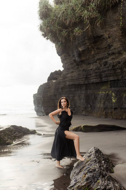 Chiffon Dress with Ruches and Flounces, Black
