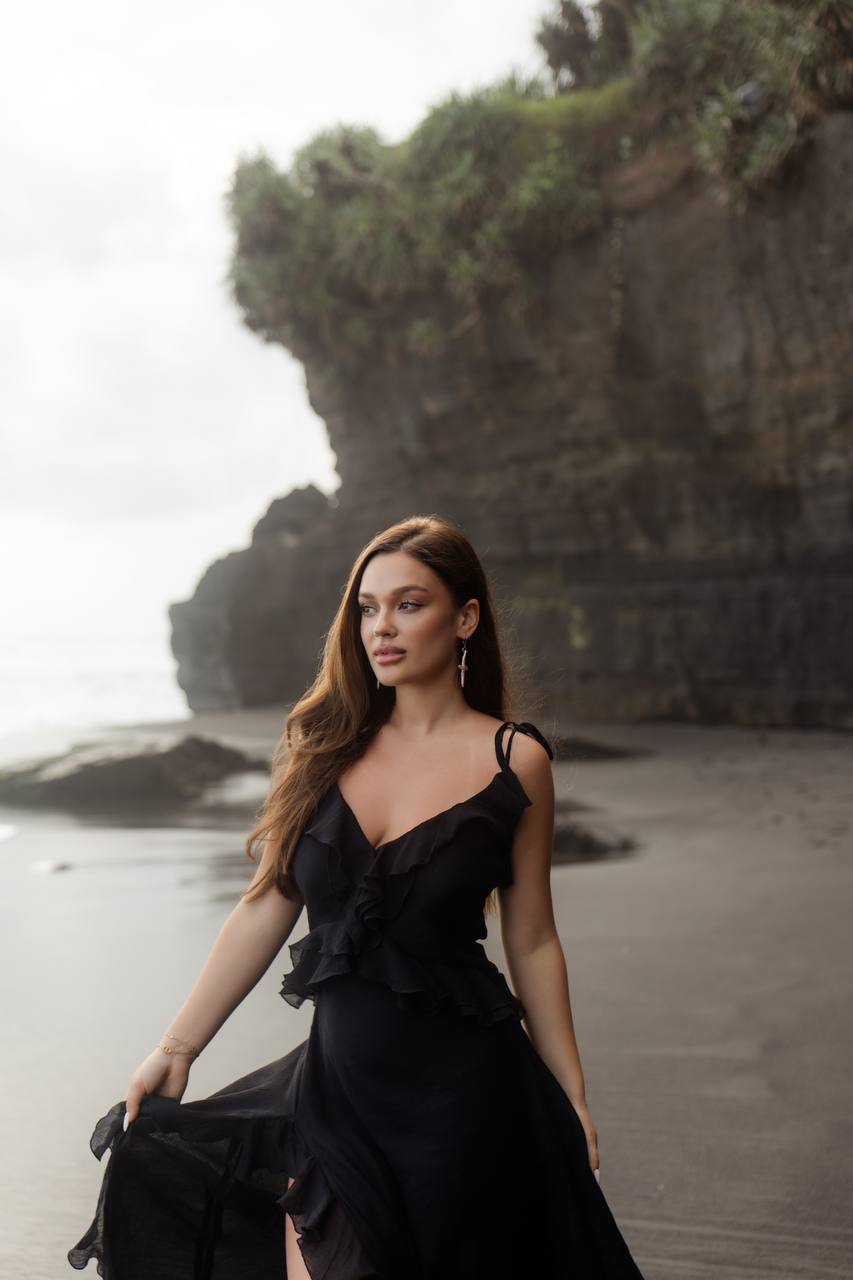 Chiffon Dress with Ruches and Flounces, Black — front — SHEVCHENKO