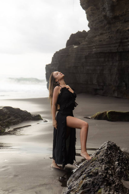 Chiffon Dress with Ruches and Flounces, Black — side — SHEVCHENKO