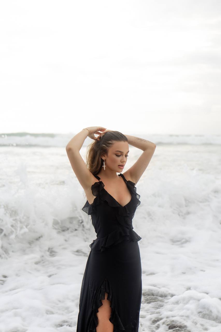 Chiffon Dress with Ruches and Flounces, Black — full length — SHEVCHENKO