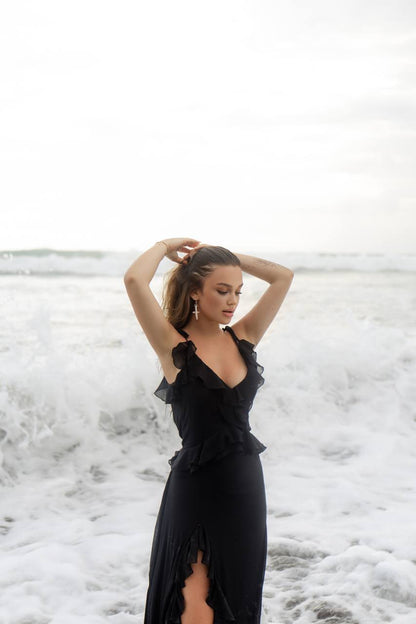 Chiffon Dress with Ruches and Flounces, Black — full length — SHEVCHENKO