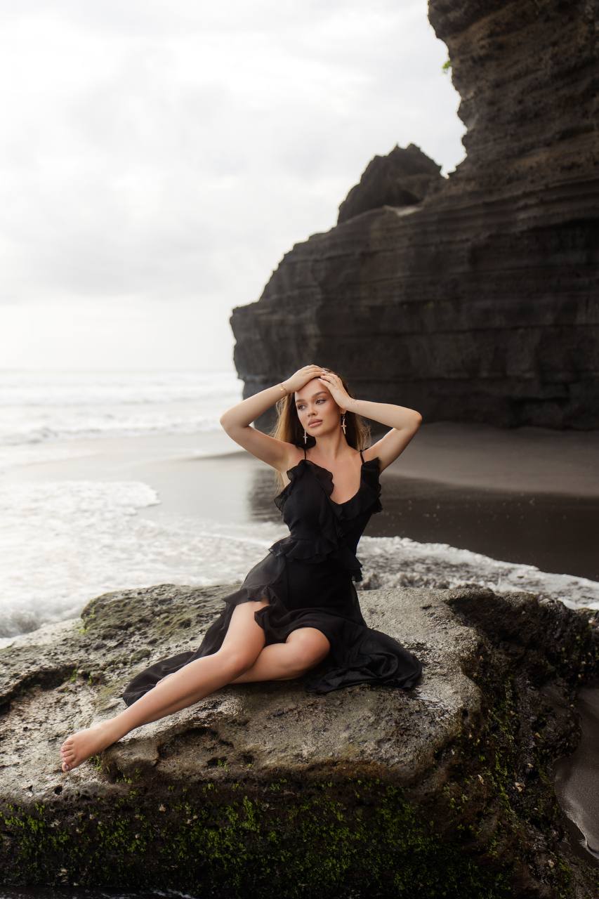 Chiffon Dress with Ruches and Flounces, Black — full length — SHEVCHENKO