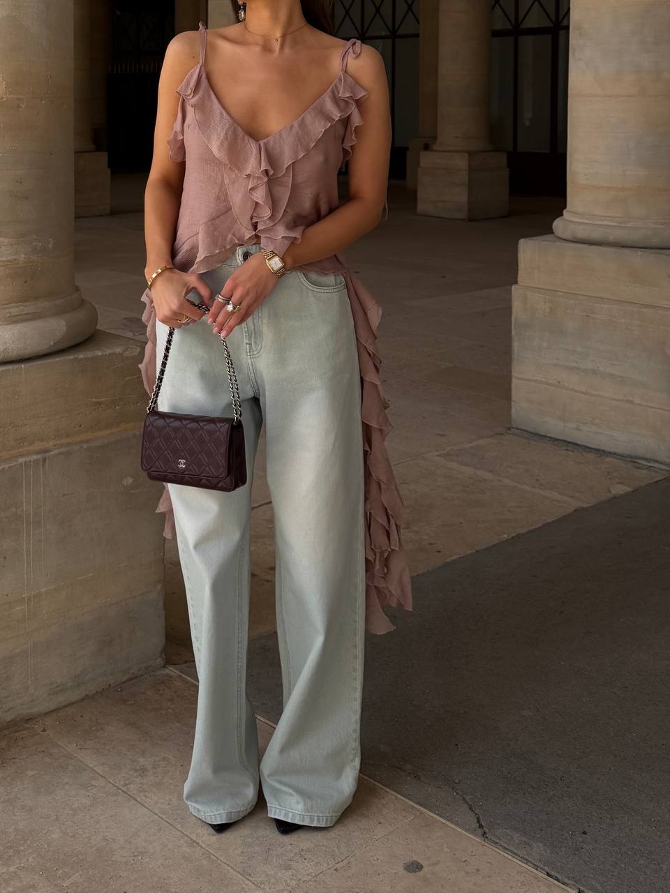 Chiffon Top with Ruffles and Flounces, Powder — у повний зріст — SHEVCHENKO