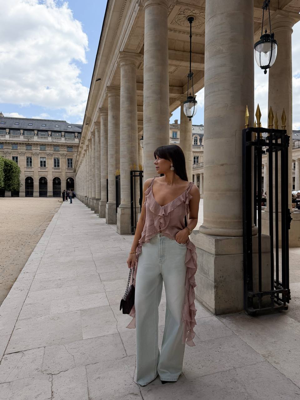 Chiffon Top with Ruffles and Flounces, Powder — front — SHEVCHENKO