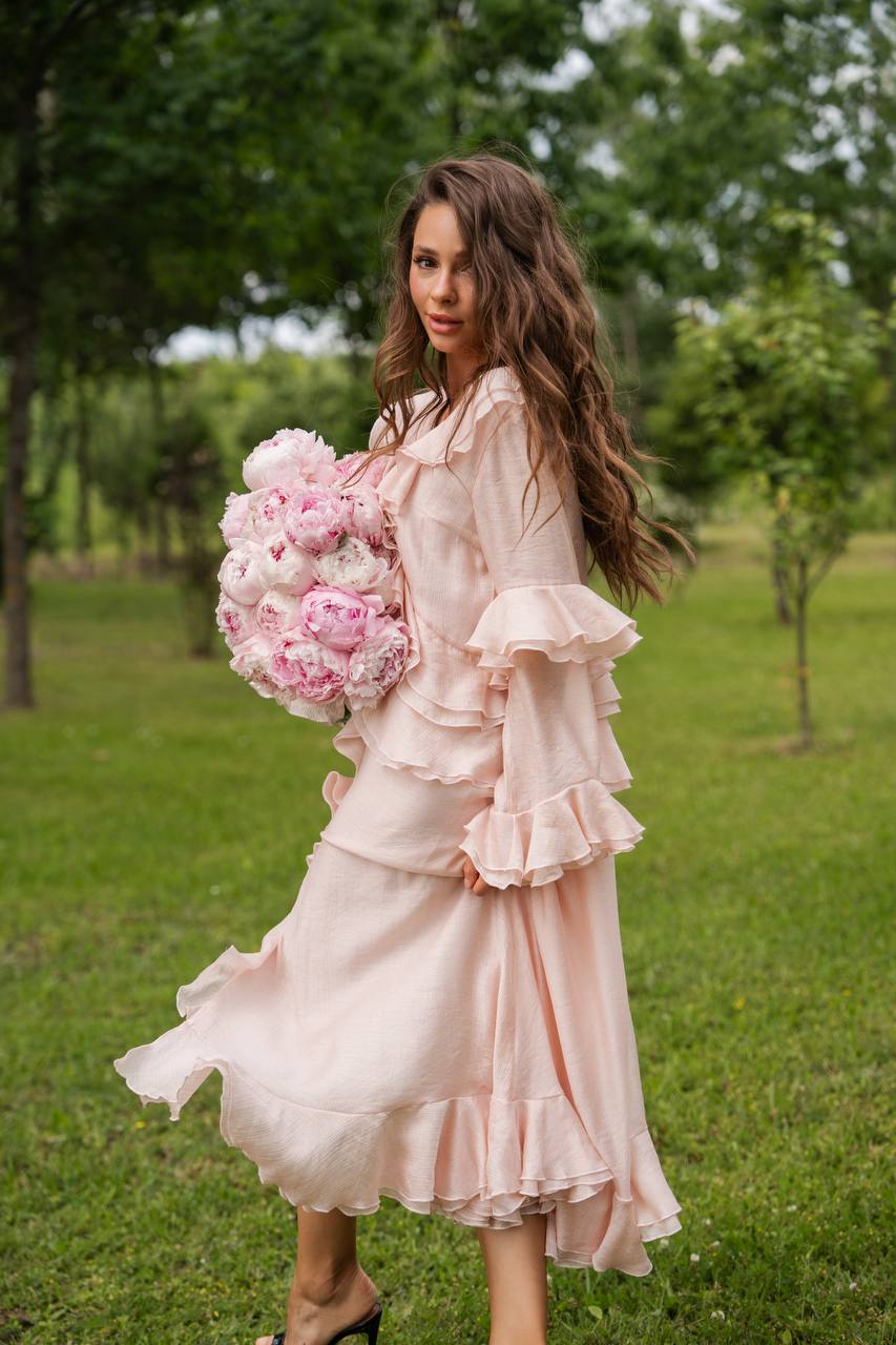 Long-Sleeve Chiffon Dress, Pearl