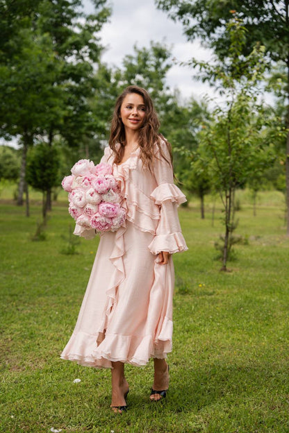 Long-Sleeve Chiffon Dress, Pearl